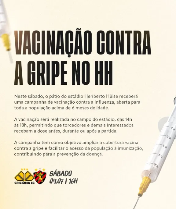 Vacinação contra a gripe será realizada no Heriberto Hülse antes de Criciúma x Sport